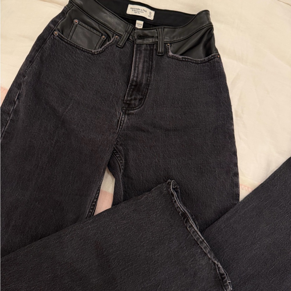 Black Leather-Trim Jeans